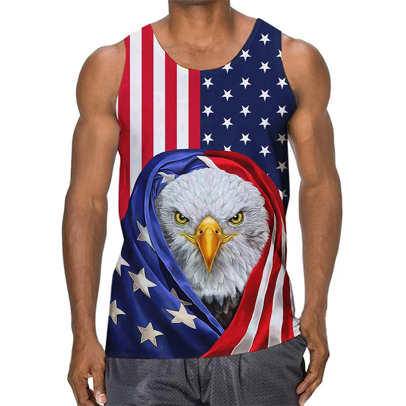 Men's summer graphic tank top with American flag and eagle design, sleeveless casual wear for warm weather