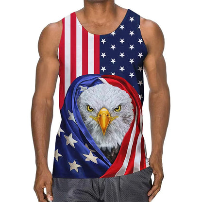 Men's summer graphic tank top with American flag and eagle design, sleeveless casual wear for warm weather