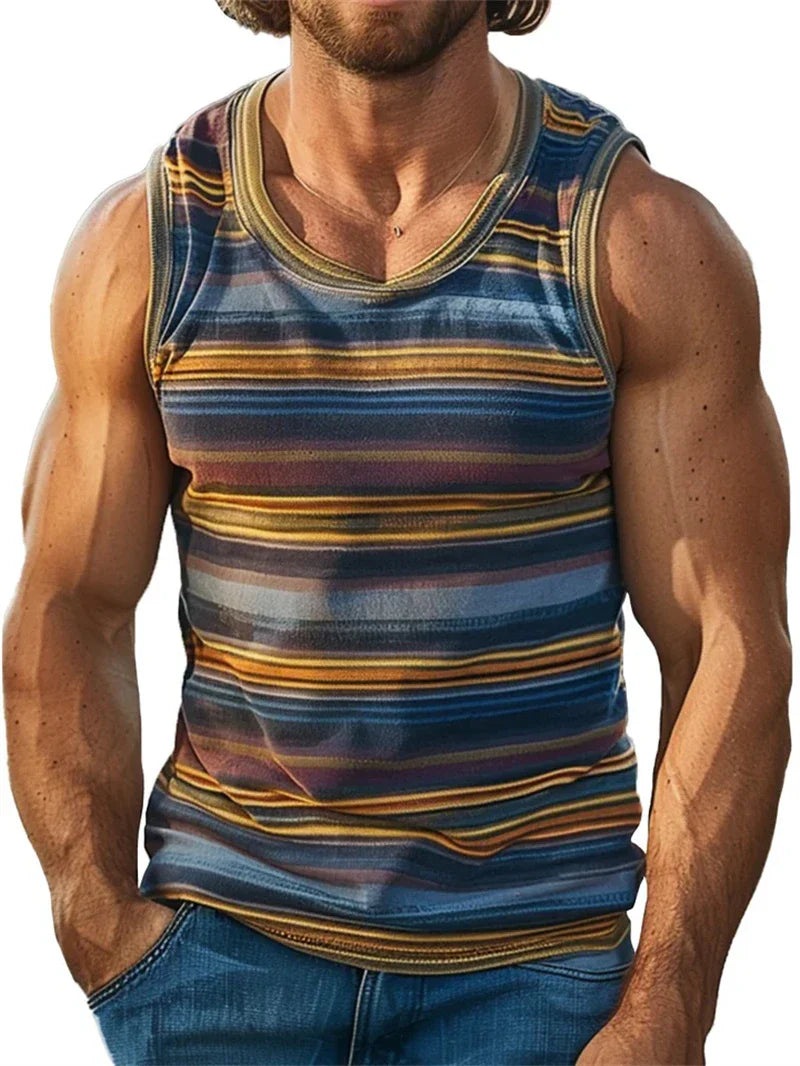 Men's graphic tank top with multicolor horizontal stripes and sleeveless design