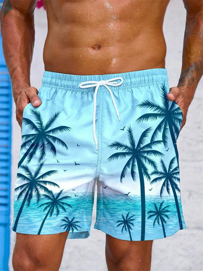 Men's summer swim trunks with palm tree and ocean print, tailored fit for beach and pool activities