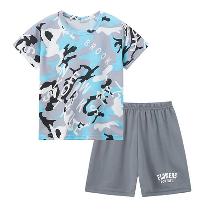 Kids summer 2 piece set with blue camouflage t-shirt and gray shorts