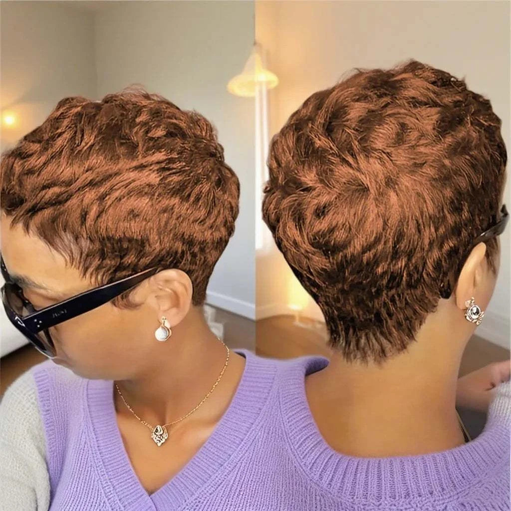 Short pixie cut wig with bangs made of 180 density human Remy hair in curly texture for women