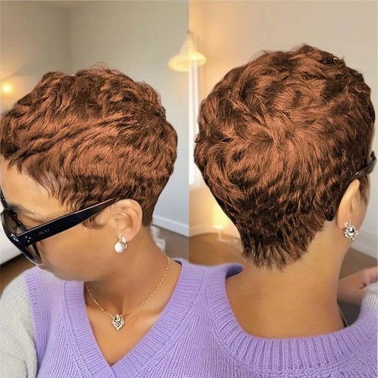 Short pixie cut wig with bangs made of 180 density human Remy hair in curly texture for women
