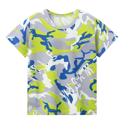 kids summer 2 piece set camouflage pattern t-shirt in blue green and gray