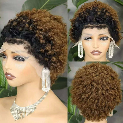 Short 4C hairline afro curly bob human hair wig with natural kinky curls and transparent lace frontal