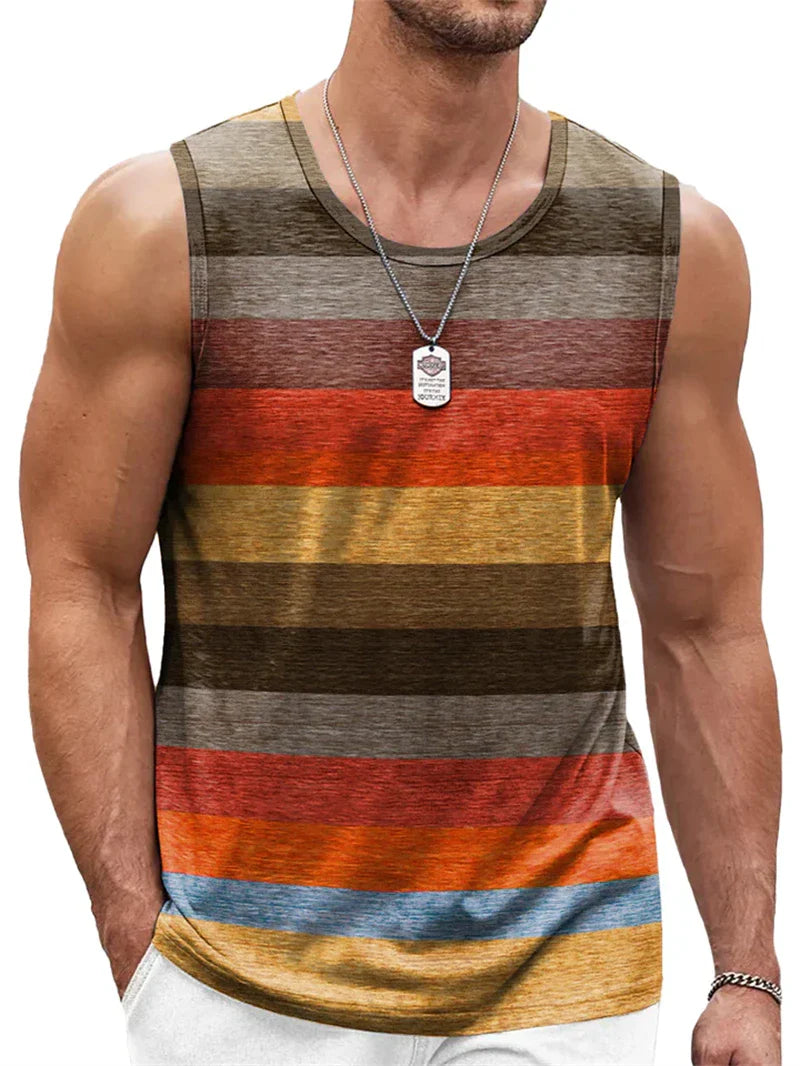 Men's graphic tank top with horizontal multicolor stripes in earth tones