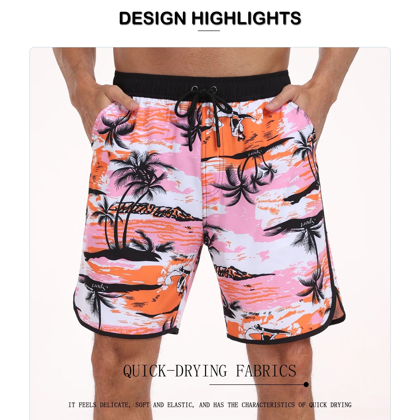 Men's summer beach short pants with colorful palm tree print and quick-drying fabric, designed for a loose and comfortable fit.