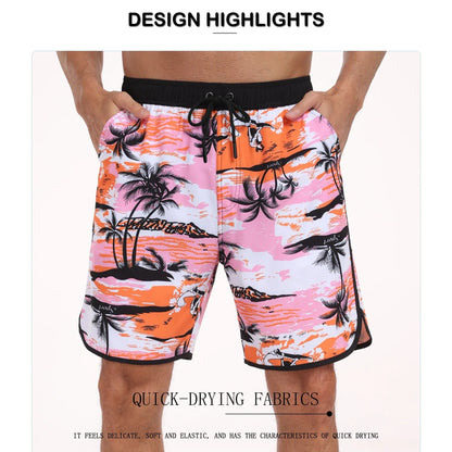 Men's summer beach short pants with colorful palm tree print and quick-drying fabric, designed for a loose and comfortable fit.