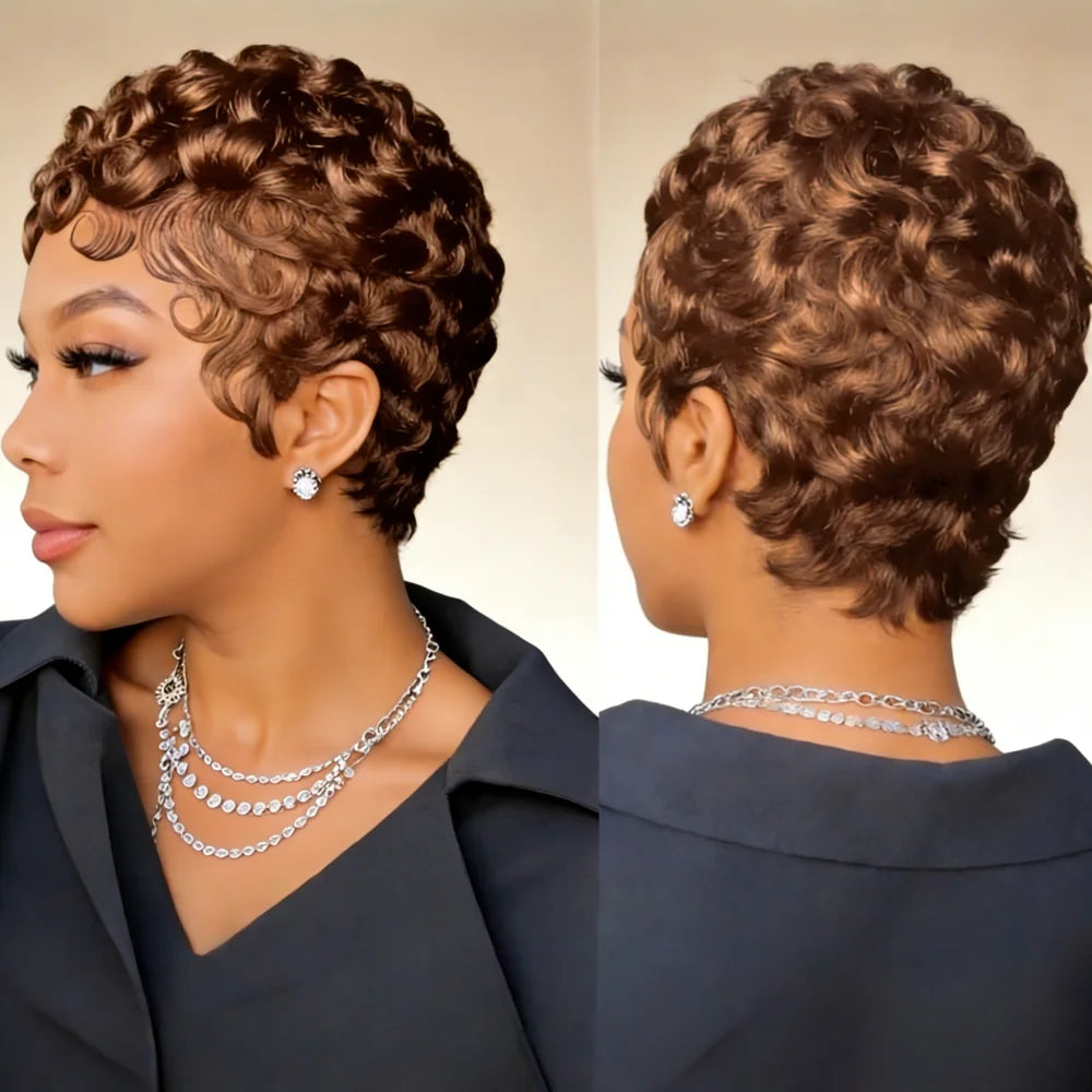 Short pixie cut Remy human hair wig with curly waves and natural hairline