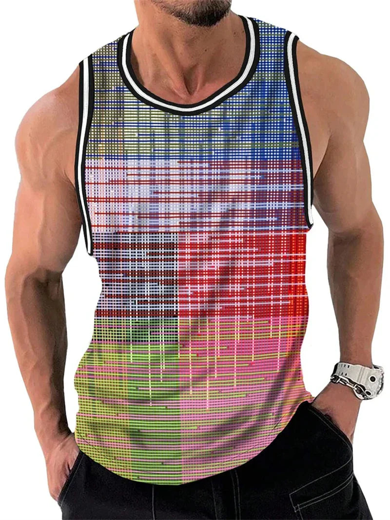 Colorful graphic tank top for men with black and white trim