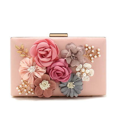 Flower Women Evening Bags Fashion Cute Girl Lady Clutch With Pearl Diamonds Handbags Glitter Spring Season Pink Color Shoulder C