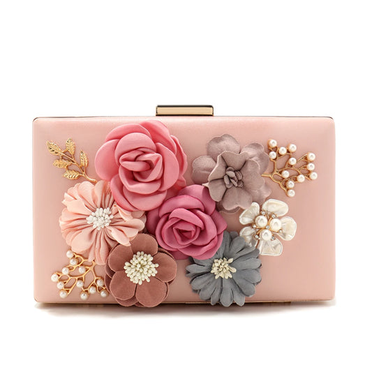 Flower Women Evening Bags Fashion Cute Girl Lady Clutch With Pearl Diamonds Handbags Glitter Spring Season Pink Color Shoulder C