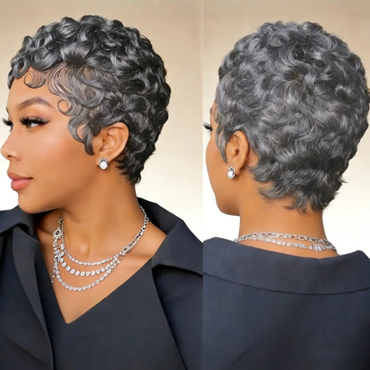 Woman wearing Remy human hair pixie curly wave wig with soft curls and natural finish