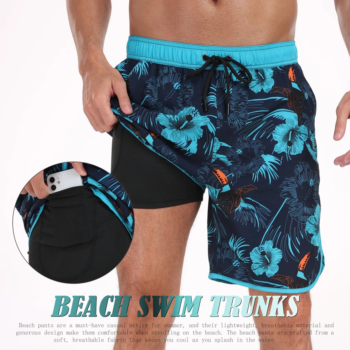 Men's summer beach short pants with floral print and inner lining pocket, designed for comfort and casual beachwear