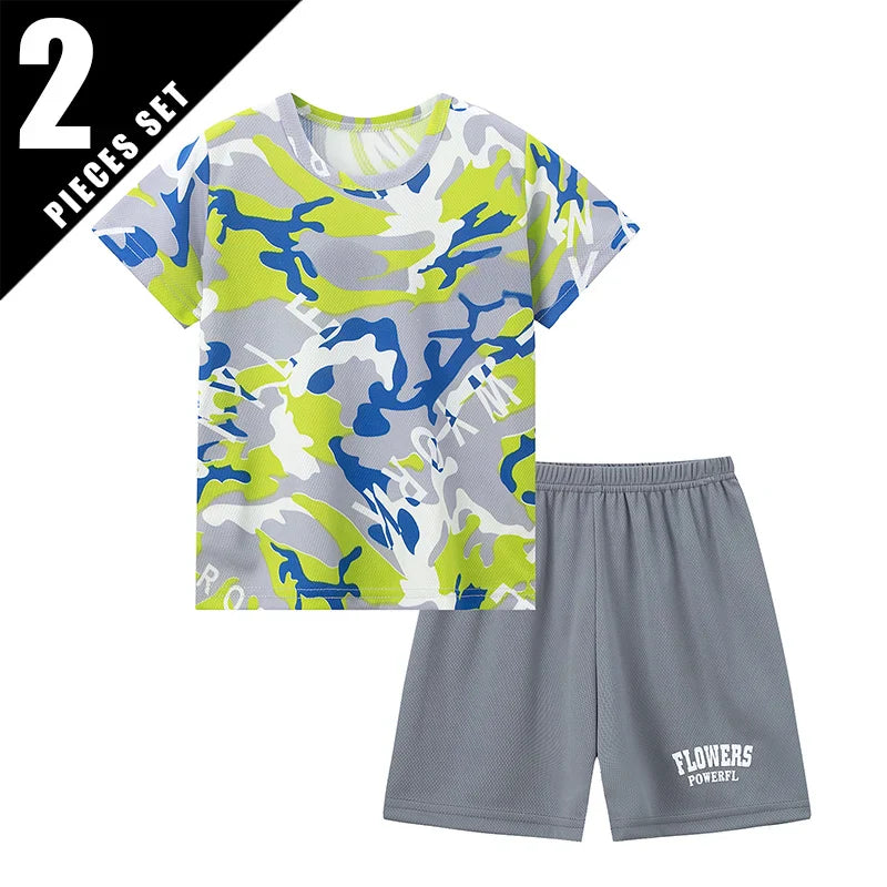 Kids summer 2 piece set with camo t-shirt and gray shorts