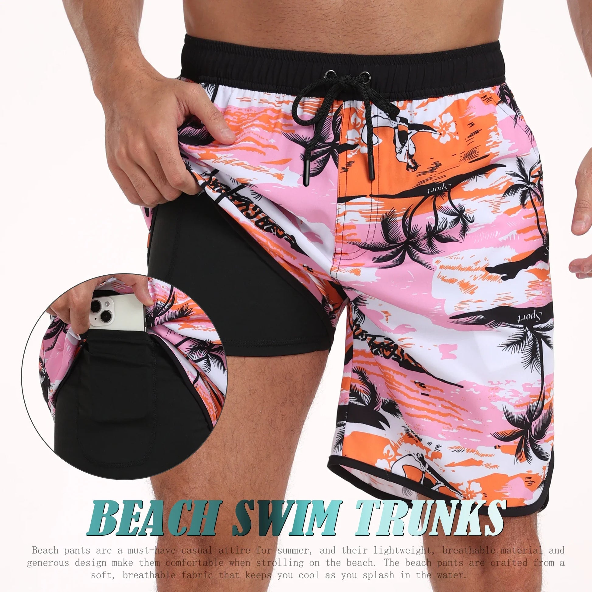 Men's Summer Beach Short Pants with loose fit and tropical print swim trunks designed for comfort and casual beachwear