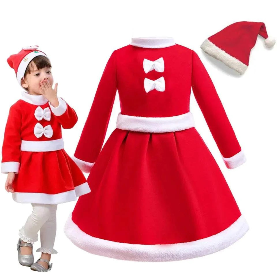 Girls wearing 2025 New Year Festival St Nicholas Santa Claus dress with hat cosplay set for Christmas party