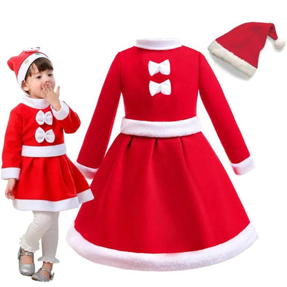 Girls wearing 2025 New Year Festival St Nicholas Santa Claus dress with hat cosplay set for Christmas party