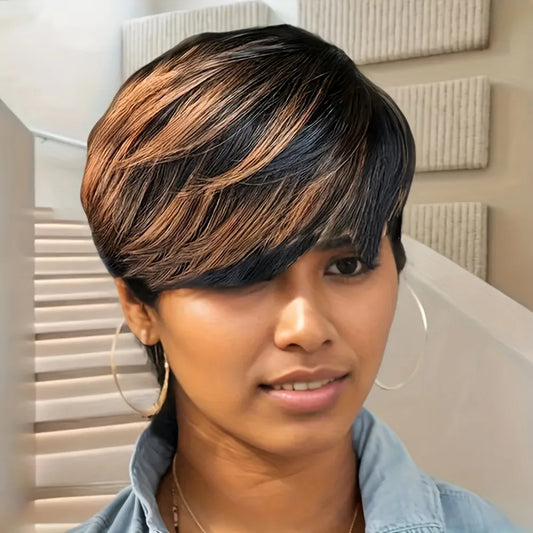6inch 1b30 color machine made wig pixie wig pixie cut short straight human hair wigs 150% density remy hair for women