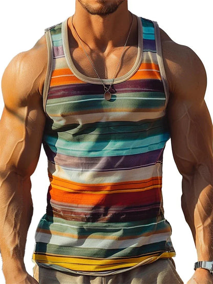 Men's graphic tank top with multicolor horizontal stripes and sleeveless design