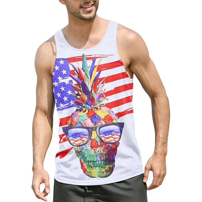 Men's summer graphic tank top with colorful skull and American flag design