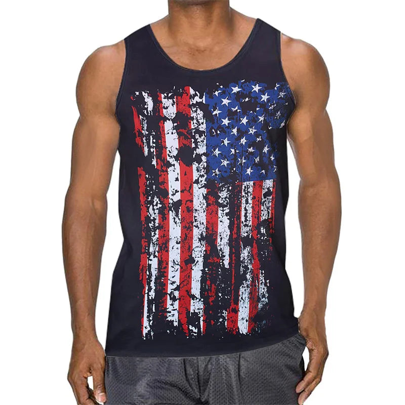 Men's summer graphic tank top with distressed American flag design ideal for casual and sporty summer wear