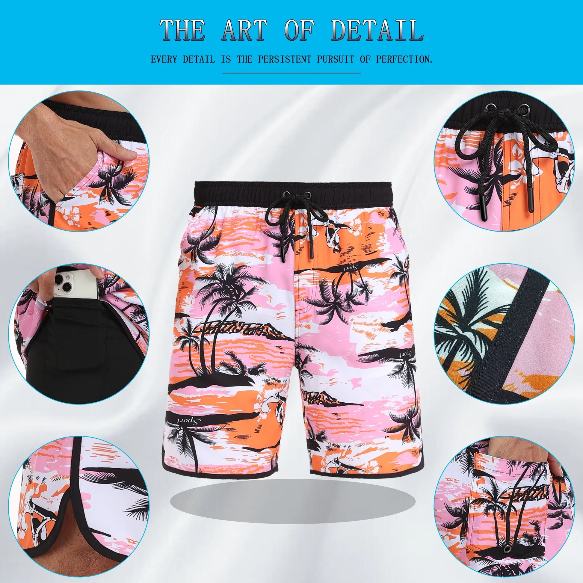 Men's summer beach short pants with tropical palm print and adjustable waistband, lightweight and loose fit for casual wear