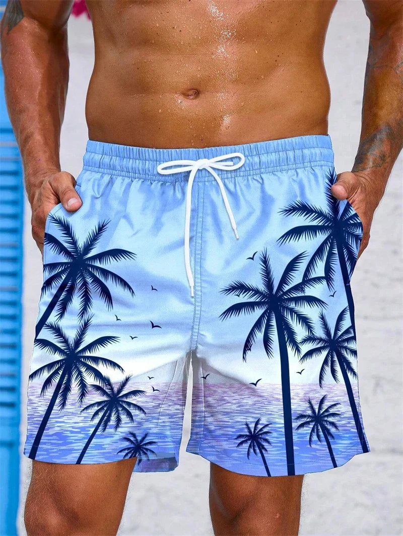 Men's summer swim trunks with palm tree beach design and drawstring waist