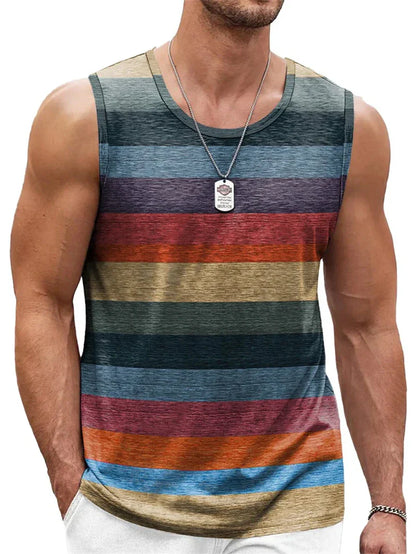 Men's graphic tank top with multicolor horizontal stripes, sleeveless summer shirt