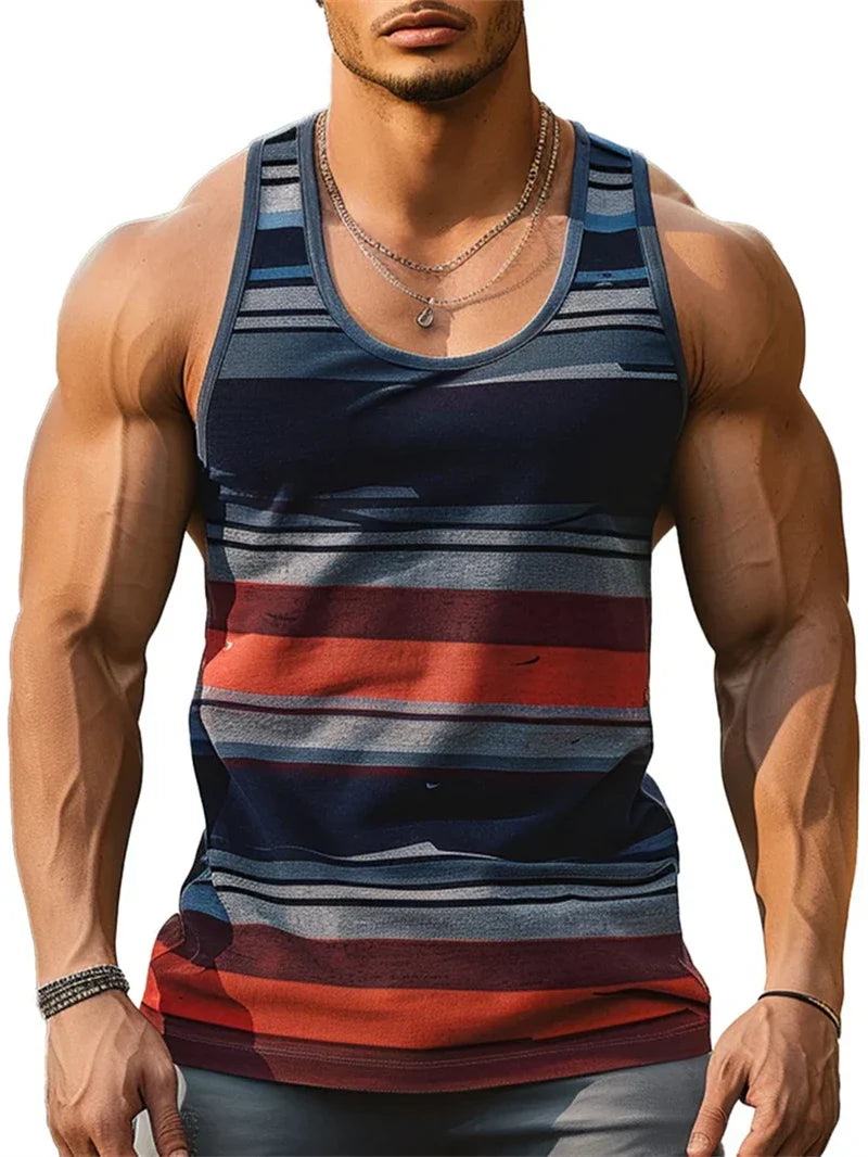 Muscular man wearing striped graphic tank top for men with blue and red colors