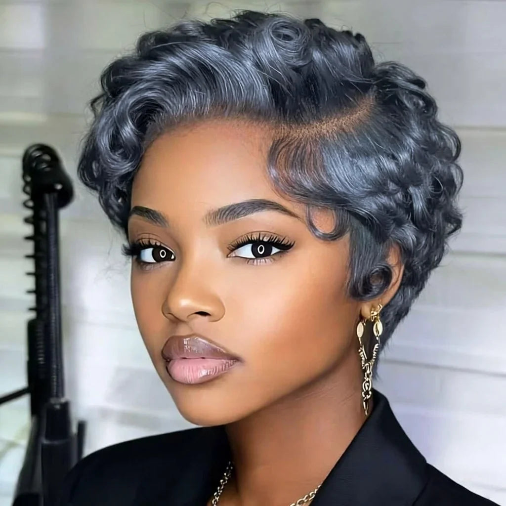 Short curly pixie cut 13x4 lace frontal human hair wig for women