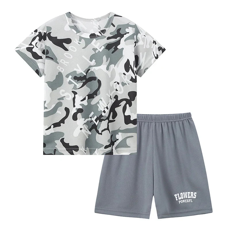 Kids summer 2 piece set with camouflage t-shirt and gray shorts