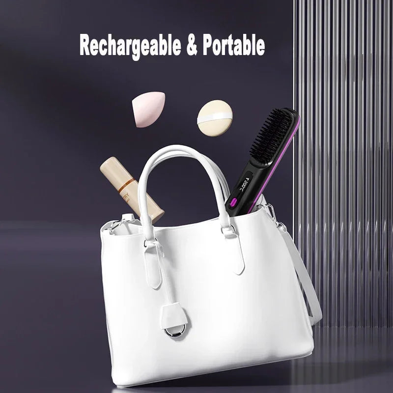 Electric Professional Negative Ion Hair Straightener Brush 2 In 1 Curling Comb Hair Curling Tool Straight Brush  USB Charging