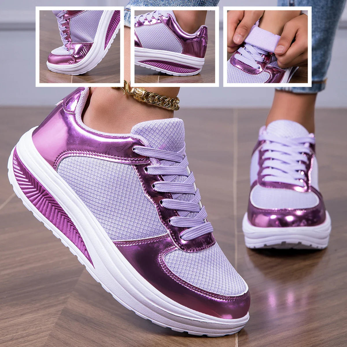women's walking shoes purple metallic sneakers with cushioned sole and mesh upper