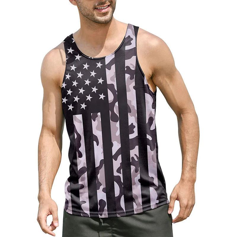 Men's summer graphic tank top with black and gray American flag and camouflage design, casual sleeveless fit for warm weather