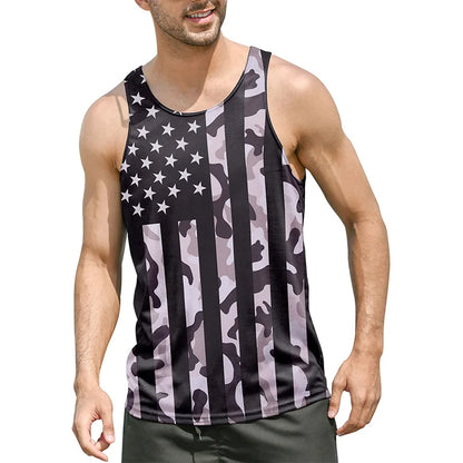 Men's summer graphic tank top with black and gray American flag and camouflage design, casual sleeveless fit for warm weather