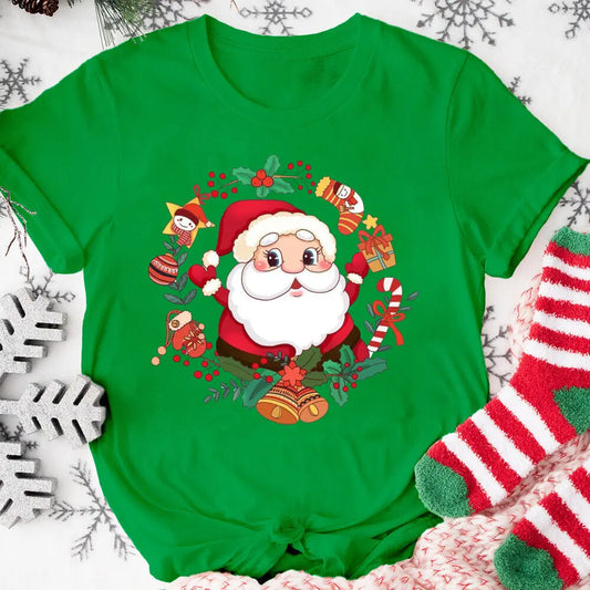 Women's vintage Christmas t-shirt with Santa Claus wreath design on green fabric