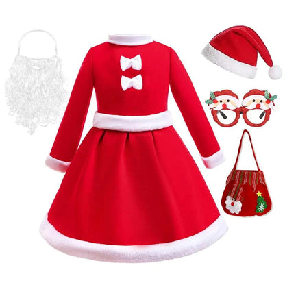 Girl wearing 2025 New Year Festival St Nicholas dress with Santa hat for Christmas cosplay party
