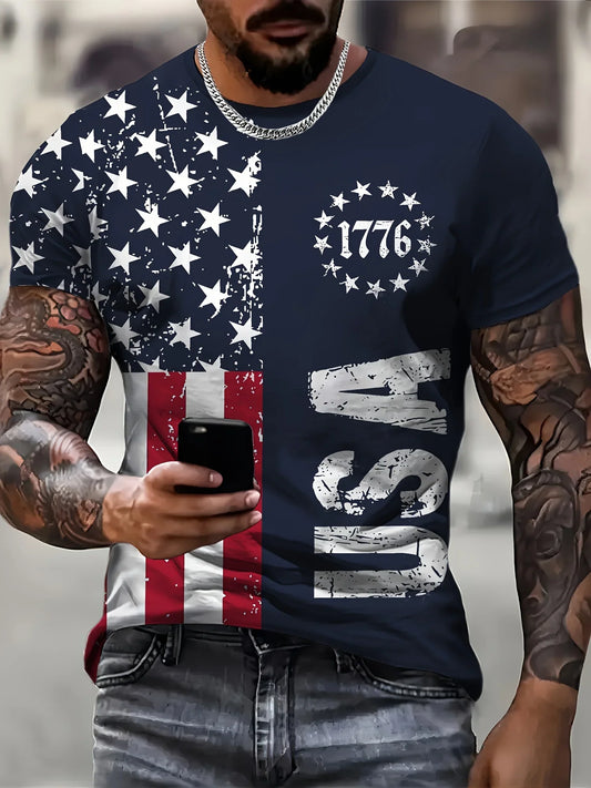 USA American Flag short sleeve men's T-shirt with 1776 stars and stripes design