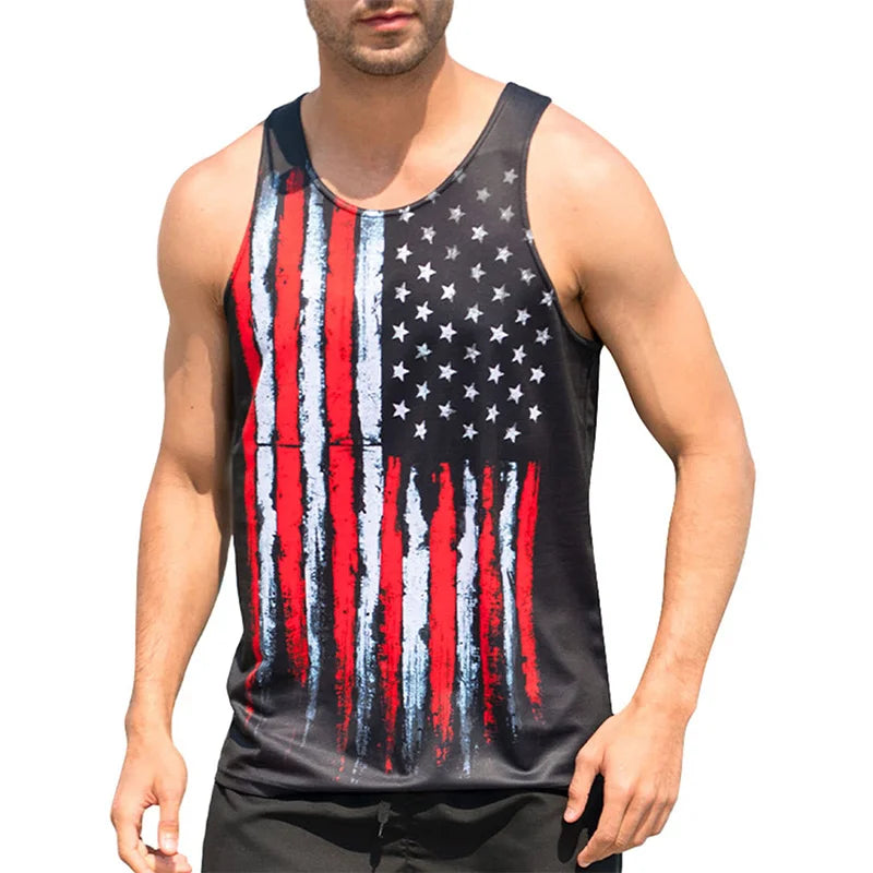Men's summer graphic tank top with distressed American flag design on black fabric