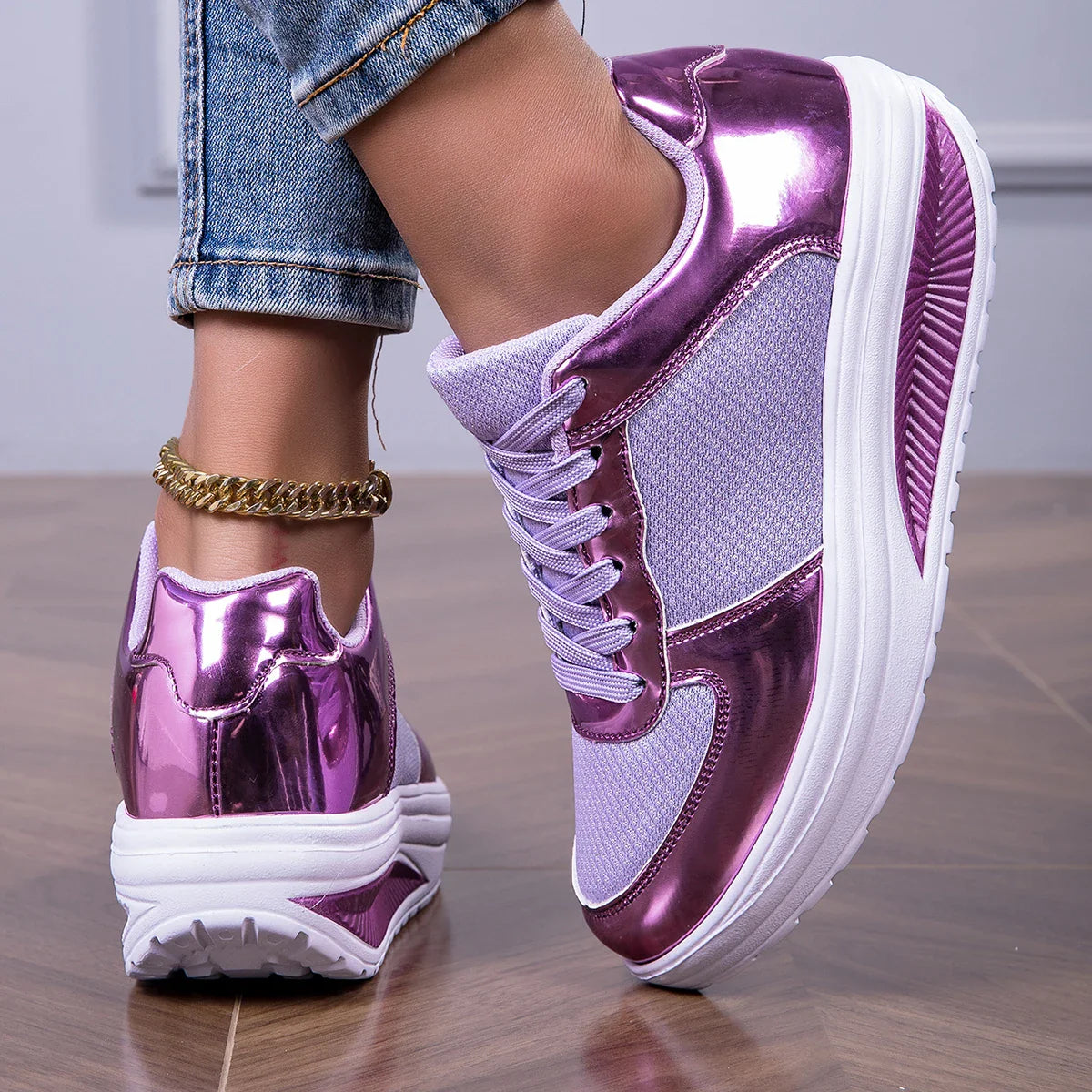 Women's walking shoes purple metallic and mesh sneakers with white soles worn with jeans and gold anklet