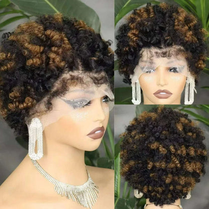 Short 4C hairline afro curly bob wig with natural edges and transparent lace frontal