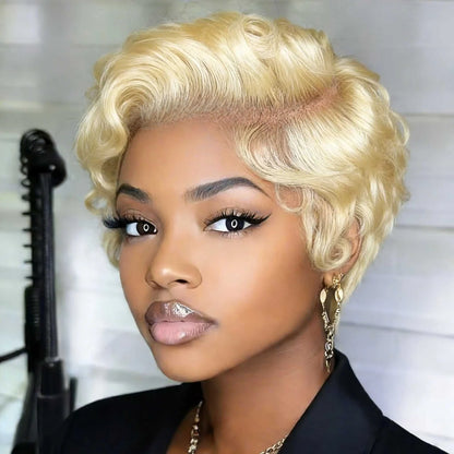 Short curly pixie cut 13x4 lace frontal human hair wig for women