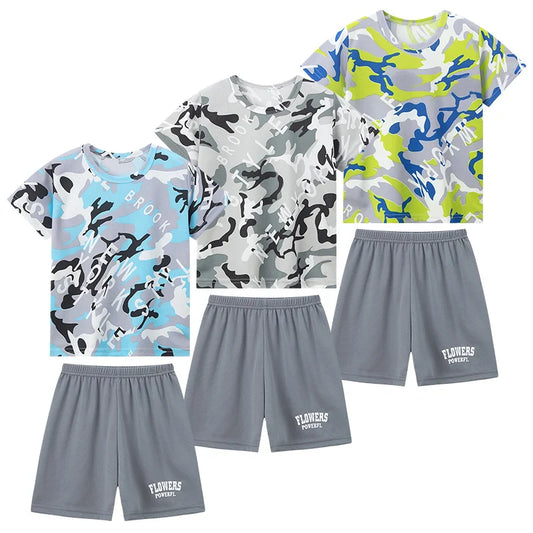 Kids summer 2 piece set with camo t-shirts and gray shorts in blue, gray, and green colors