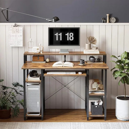 Computer Desk with Keyboard Tray, 47 Inch Office Monitor Stand and Storage Shelves, Music Studio Workstation, Work Table