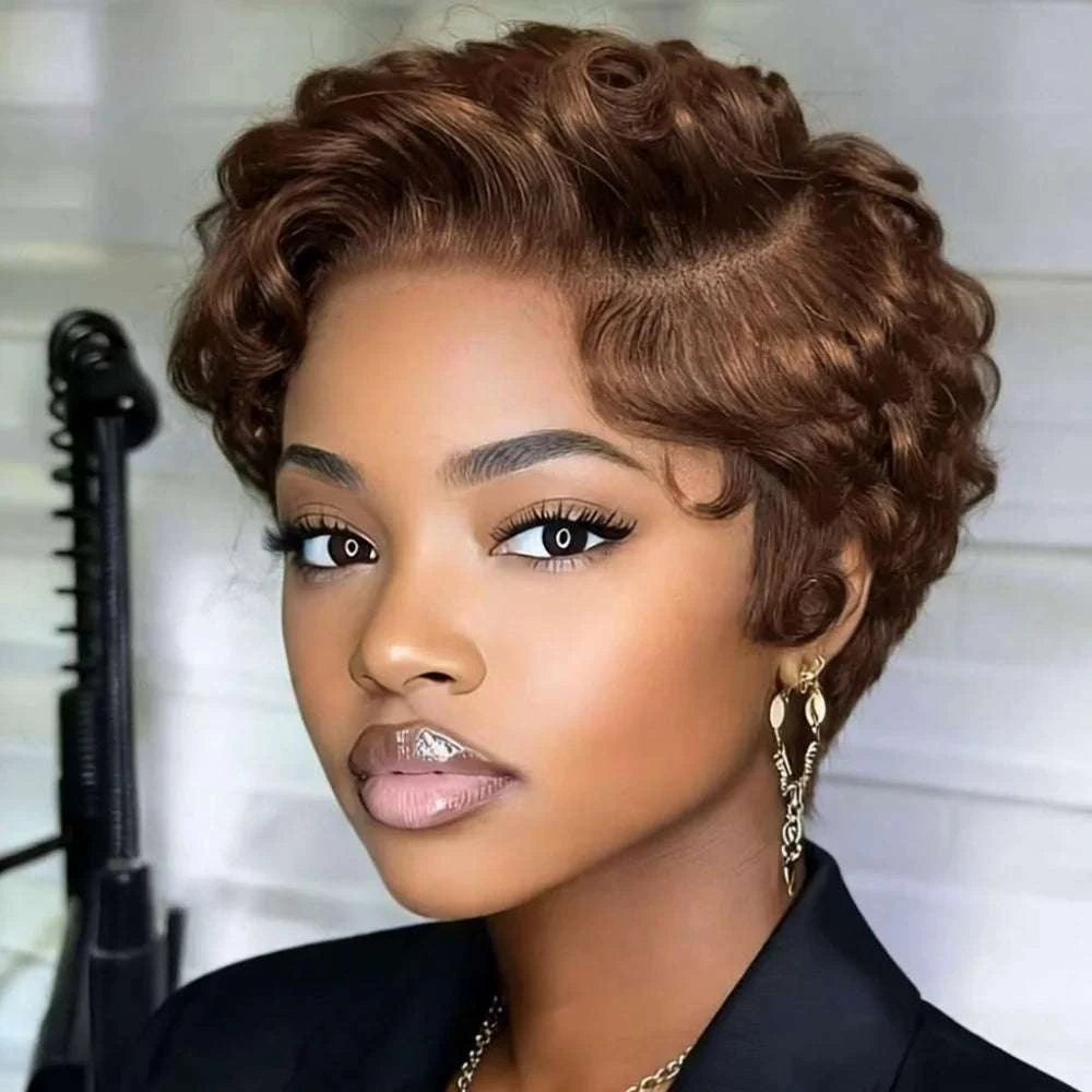 Curly pixie cut 13x4 lace frontal wig with short layered curls in human Burmese hair