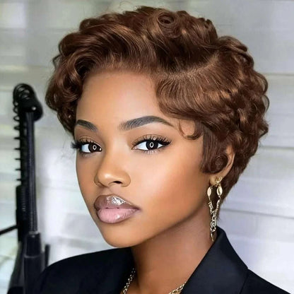 Curly pixie cut 13x4 lace frontal wig with short layered curls in human Burmese hair
