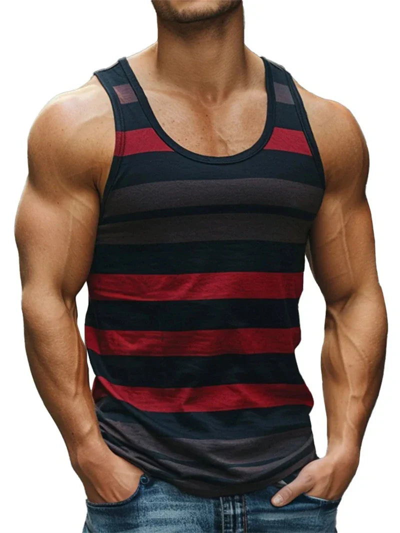 muscular man wearing black and red striped graphic tank top for men