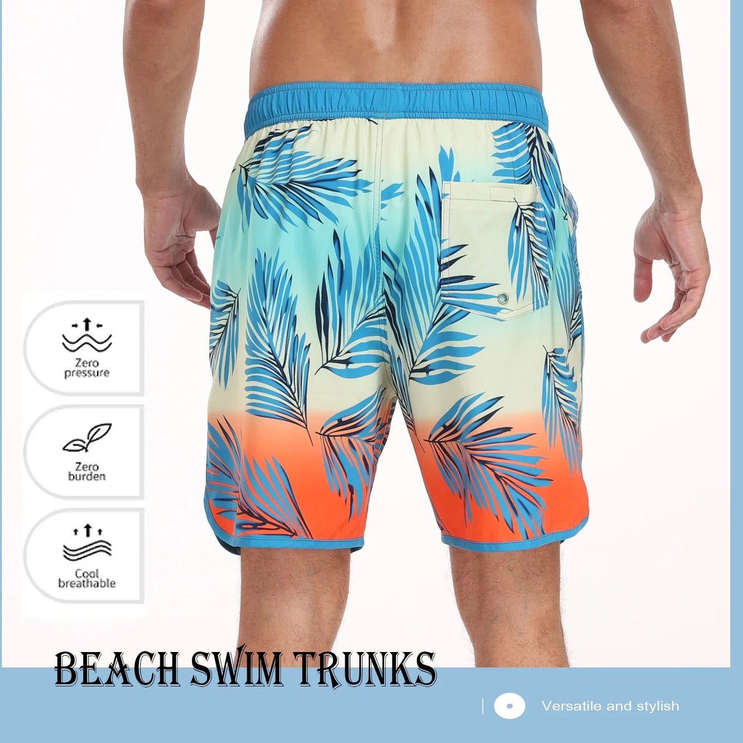Men's summer beach short pants with blue and orange palm leaf design, loose fit, breathable fabric, and back pocket.