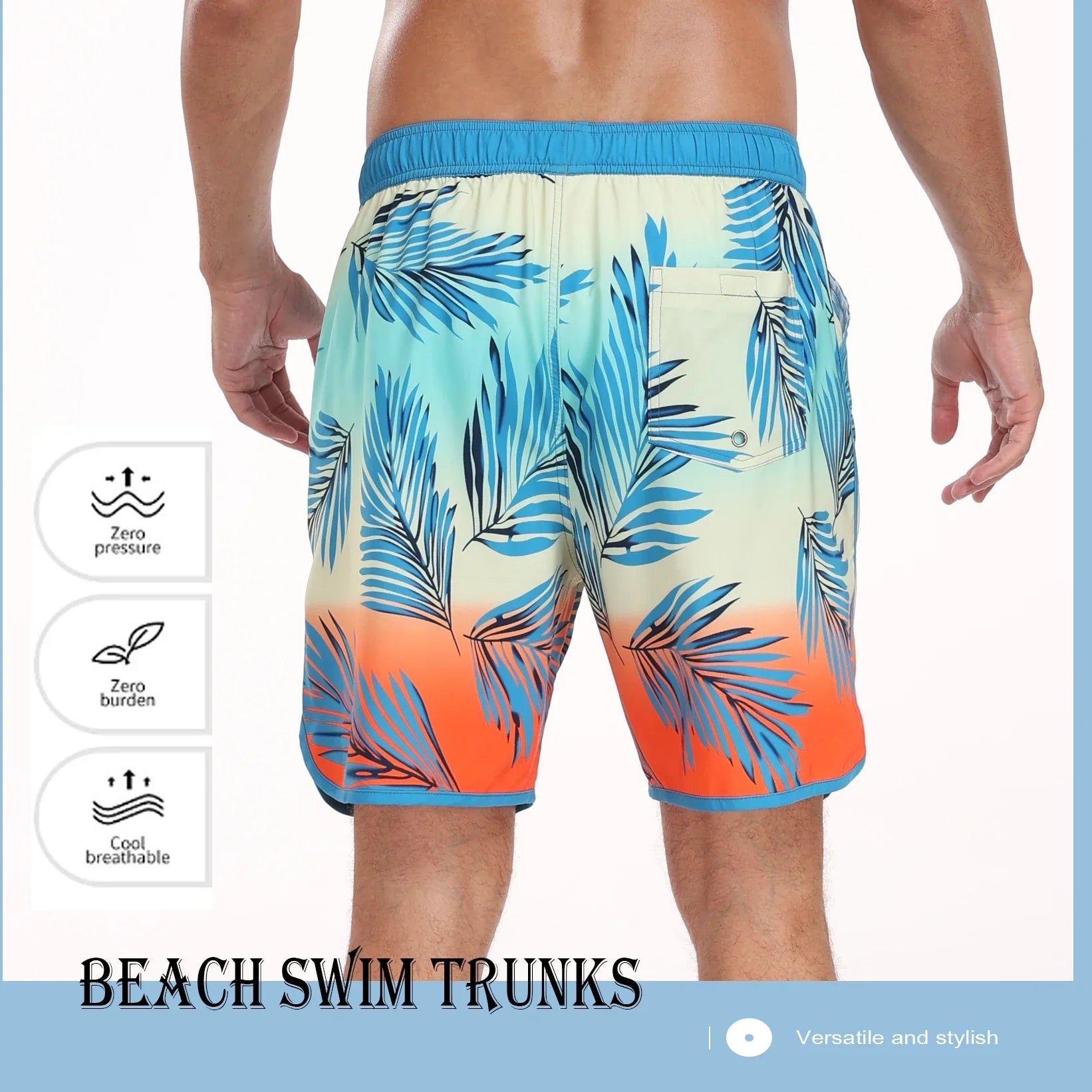 Men's summer beach short pants with blue and orange palm leaf design, loose fit, breathable fabric, and back pocket.